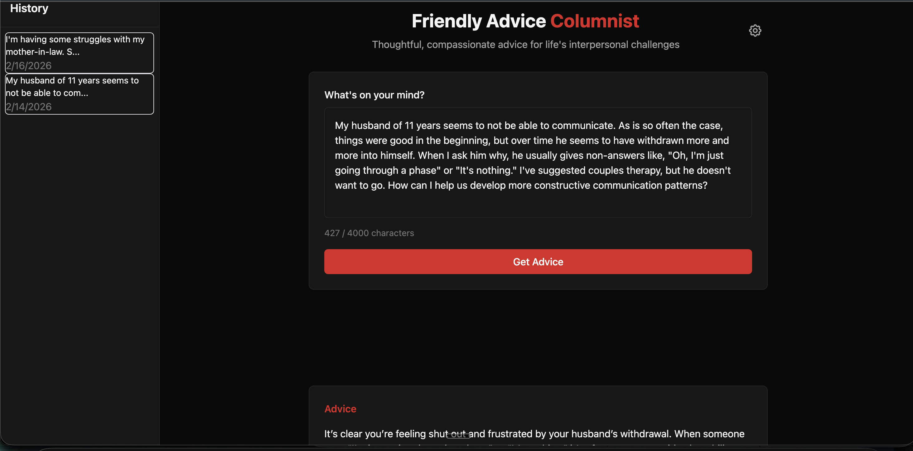 Friendly Advice Columnist application screenshot