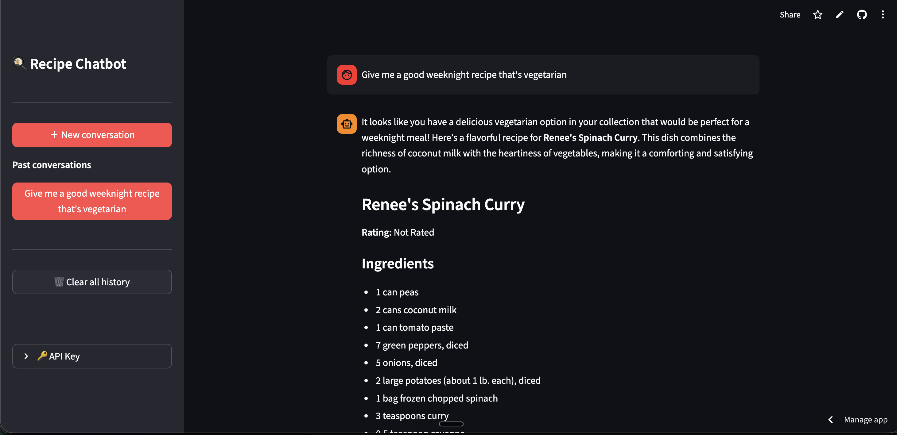 Recipe Chatbot application screenshot